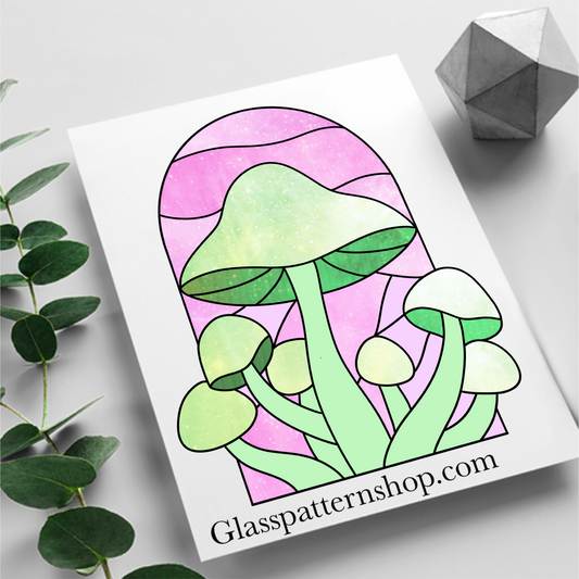 Mushroom suncatcher stained glass printable pattern – digital download in PNG, PDF, JPEG, SVG formats. Bold nature-inspired design.