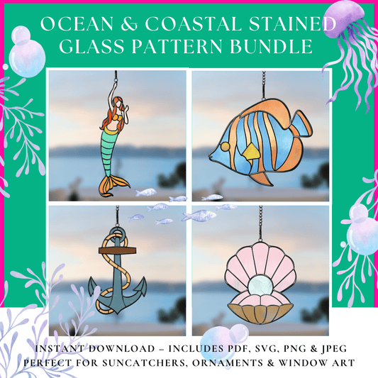 Ocean & Coastal Stained Glass Pattern Bundle – Mermaid, Oyster, Anchor & Tropical Fish - DIGITAL PRODUCT