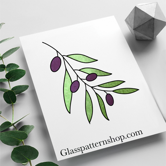 Olive branch stained glass printable pattern – digital download in PNG, PDF, JPEG, SVG formats. Elegant, nature-inspired decorative design.