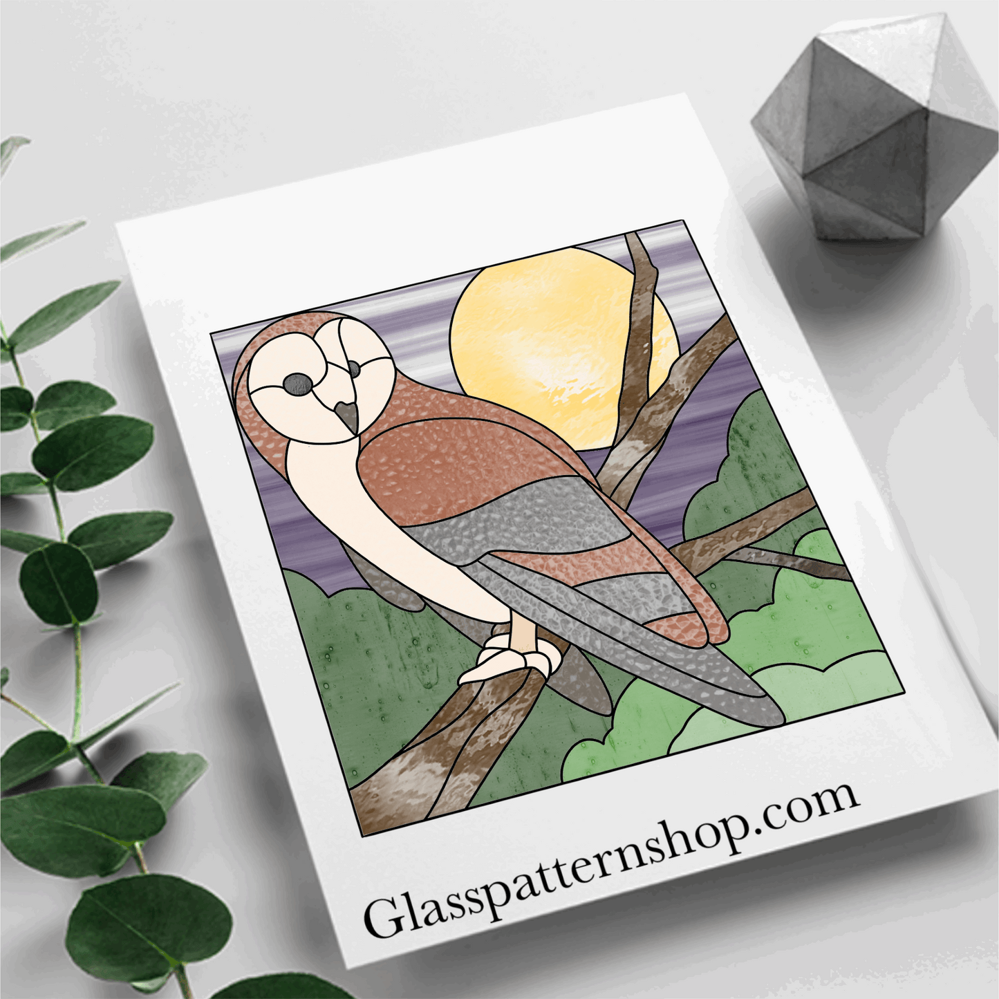Owl on a Branch Stained Glass Pattern - Digital download for shadow box frame projects. Fully resizable owl and branch design for unique stained glass creations.