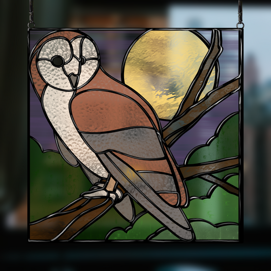 Owl on a Branch Stained Glass Pattern - Digital download for shadow box frame projects. Fully resizable owl and branch design for unique stained glass creations.