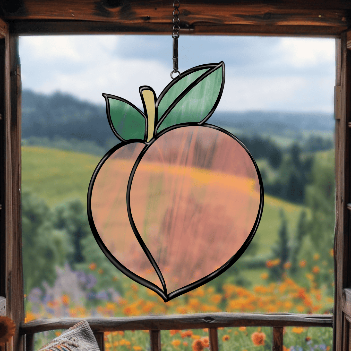 A stained glass pattern featuring a peach with detailed leaves, designed for vibrant and customisable stained glass projects.