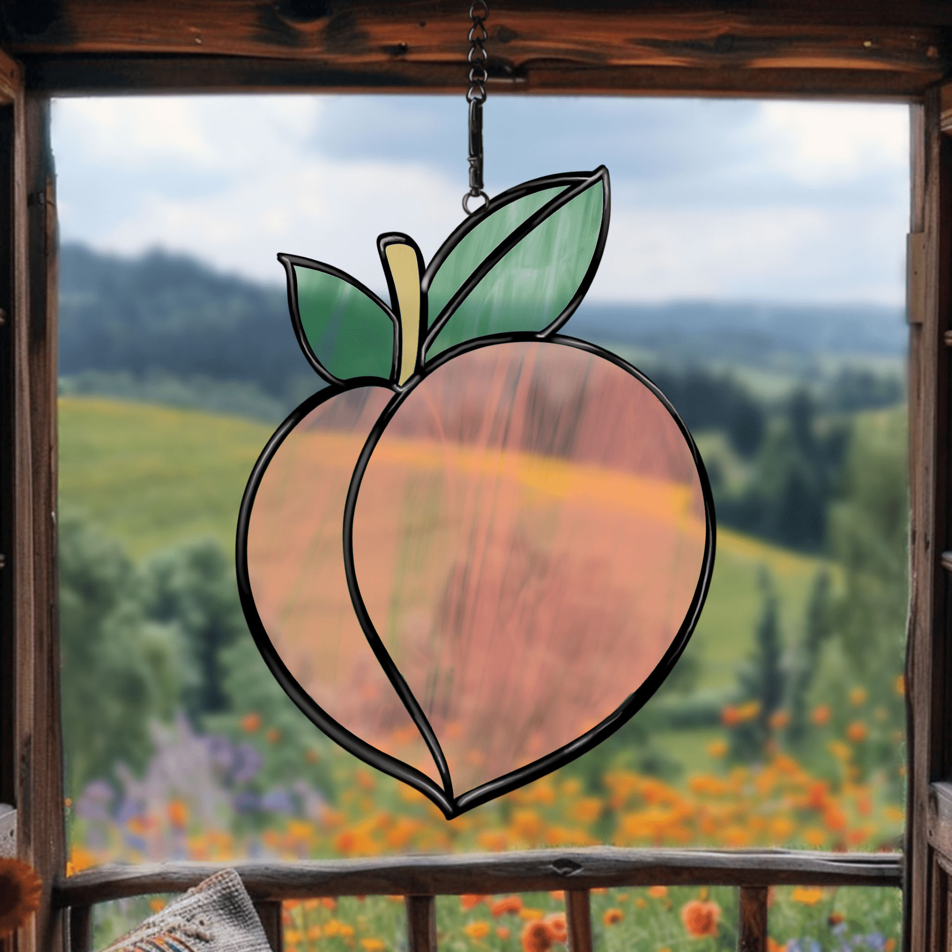 A stained glass pattern featuring a peach with detailed leaves, designed for vibrant and customisable stained glass projects.