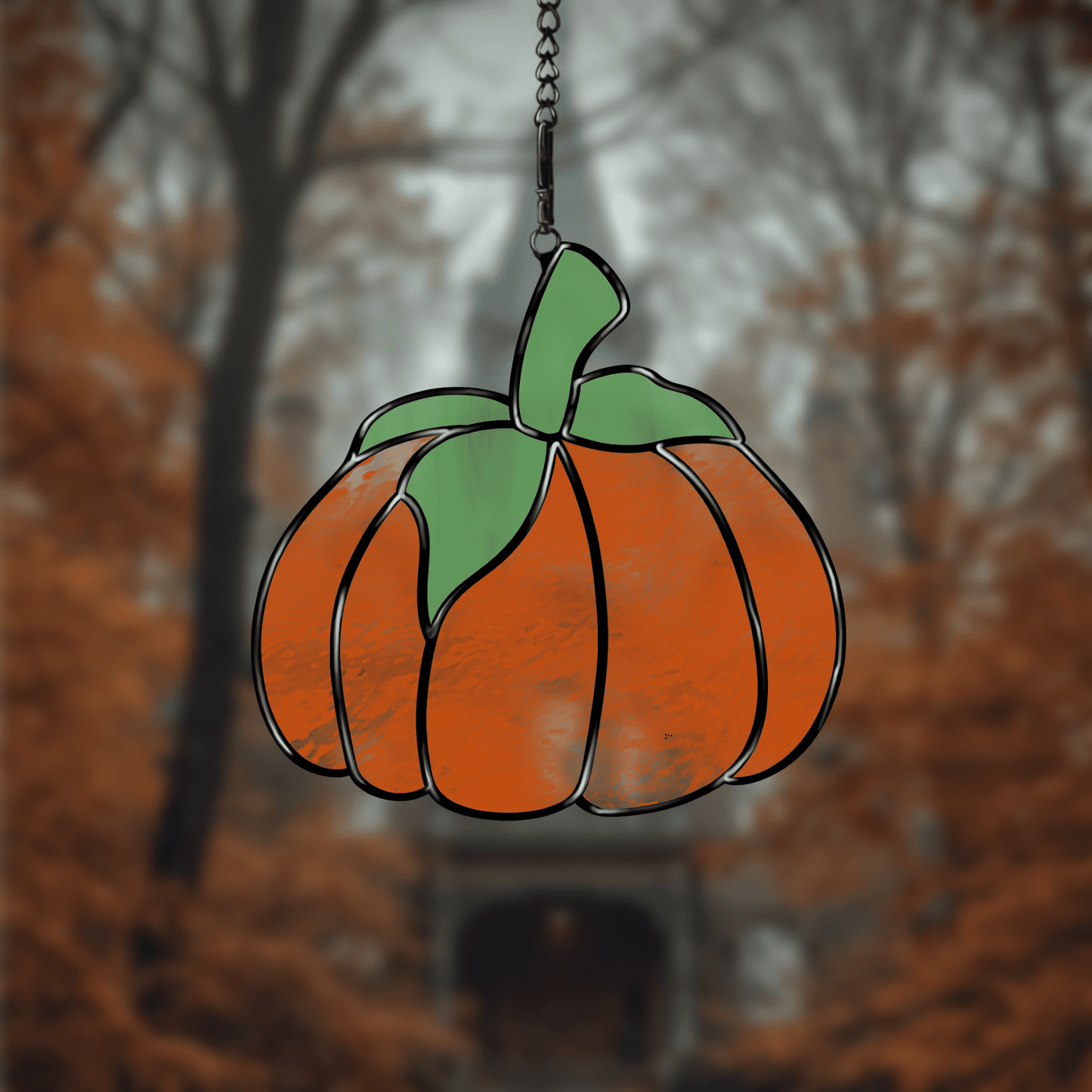 Pumpkin stained glass pattern, printable digital download, autumn Halloween design.