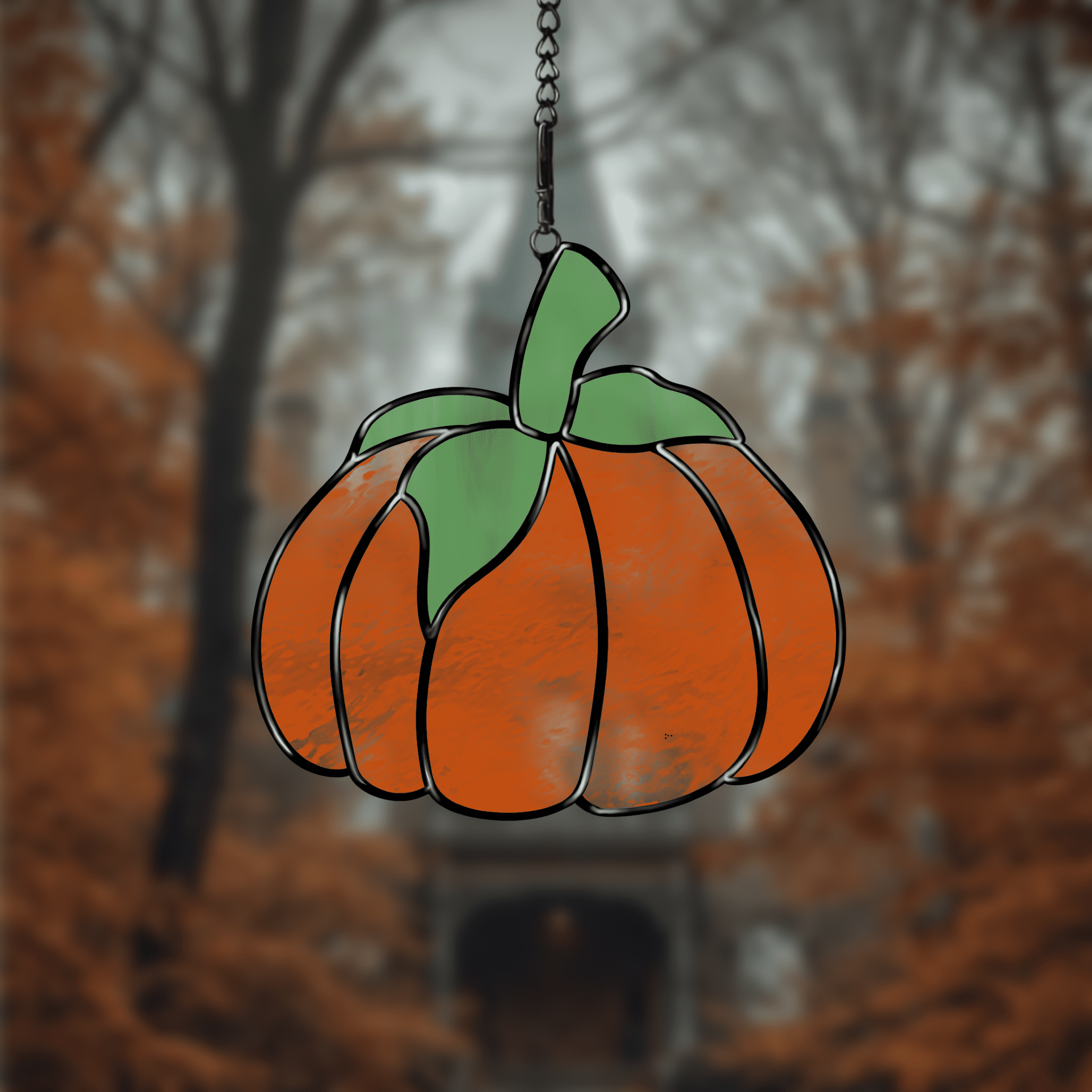 Pumpkin stained glass pattern, printable digital download, autumn Halloween design.