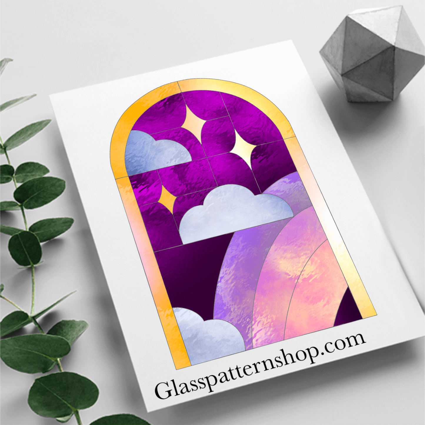 Celestial rainbow with stars suncatcher stained glass pattern, vibrant and colorful design