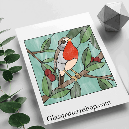 Robin on a Branch stained glass pattern - Digital download for shadow box frame projects - Nature-inspired design