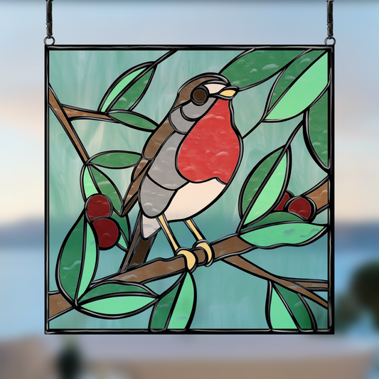 Robin on a Branch stained glass pattern - Digital download for shadow box frame projects - Nature-inspired design