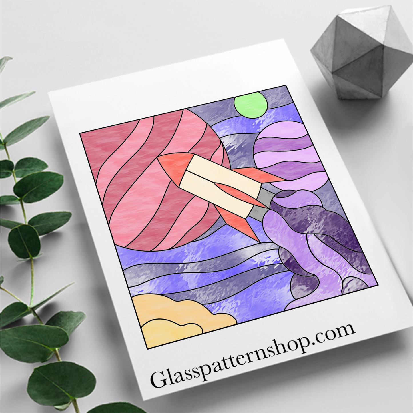 Rocket blasting into space stained glass pattern - Digital download for shadow box frame projects - Space theme design