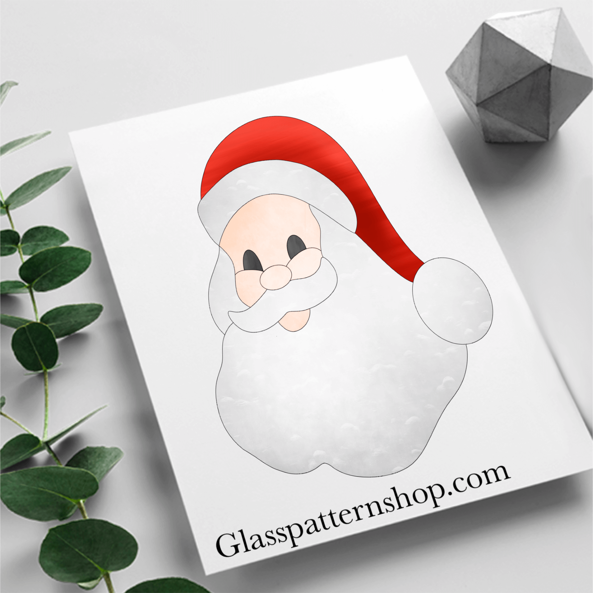 Digital stained glass pattern featuring a detailed Santa head, ideal for festive Christmas and holiday designs.