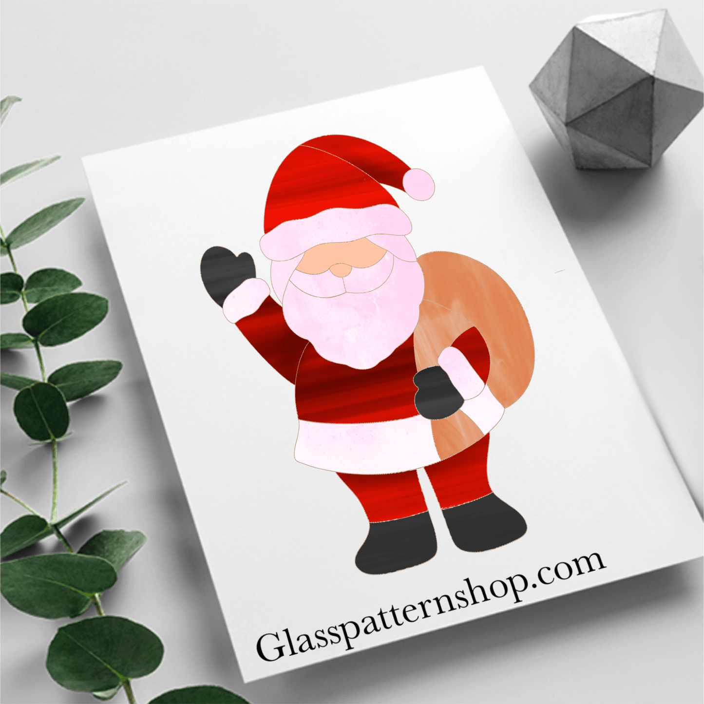 Digital stained glass pattern featuring Santa Claus waving, ideal for festive Christmas and holiday designs