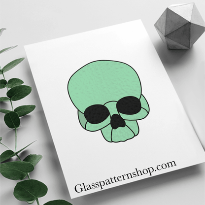 Skull stained glass pattern, printable digital download, spooky Halloween gothic design.