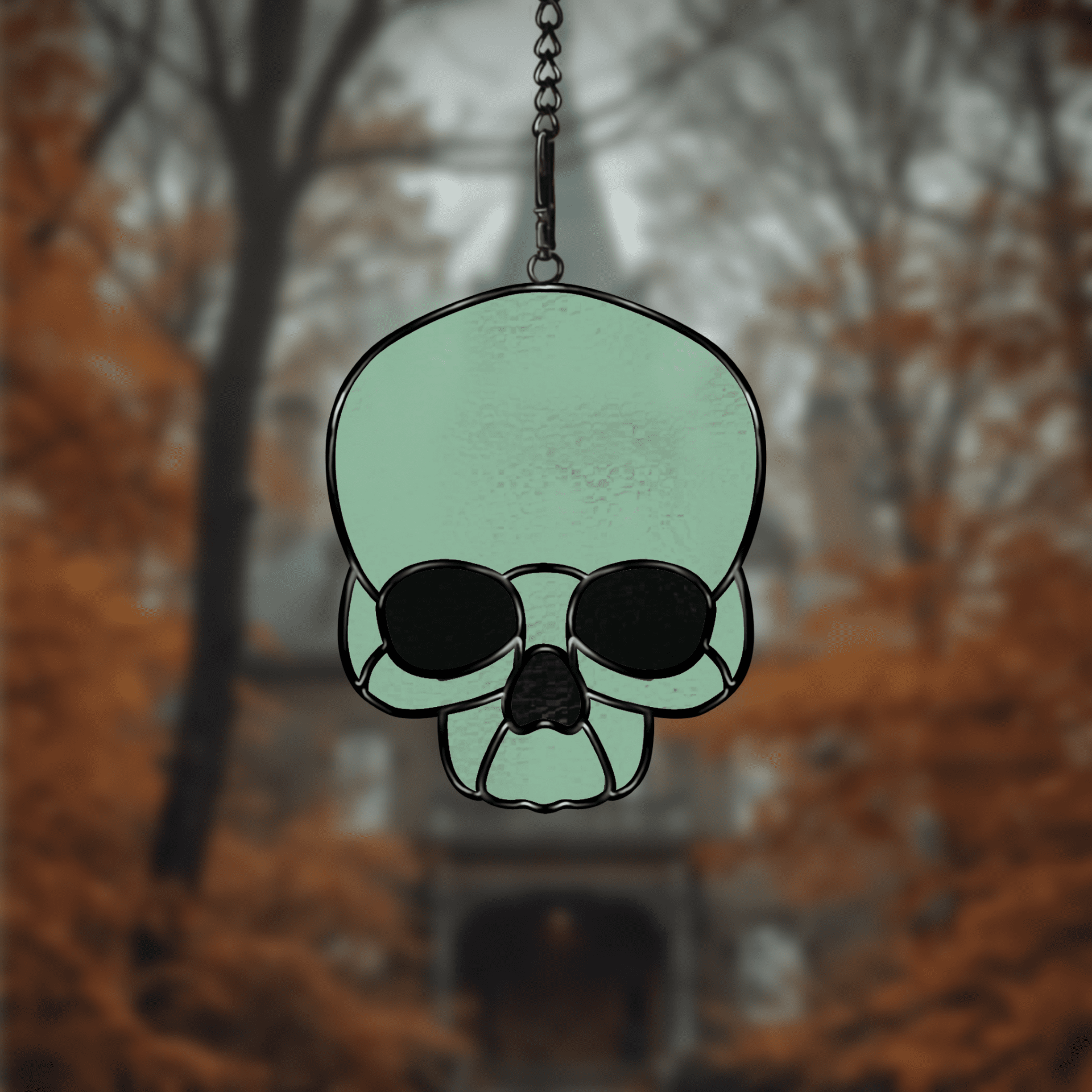 Skull stained glass pattern, printable digital download, spooky Halloween gothic design.