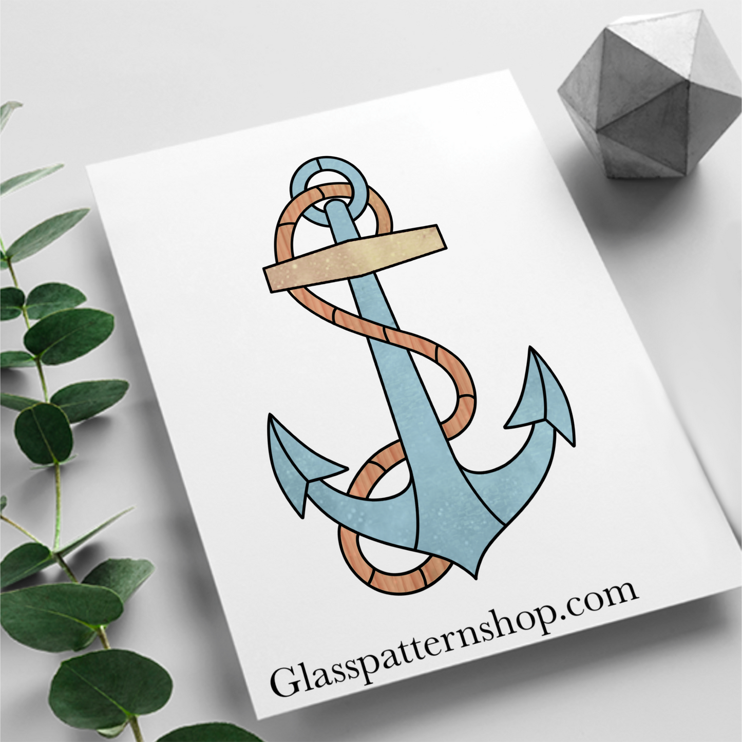 Anchor stained glass pattern, nautical design for printable digital projects, fully resizable and ideal for all skill levels.