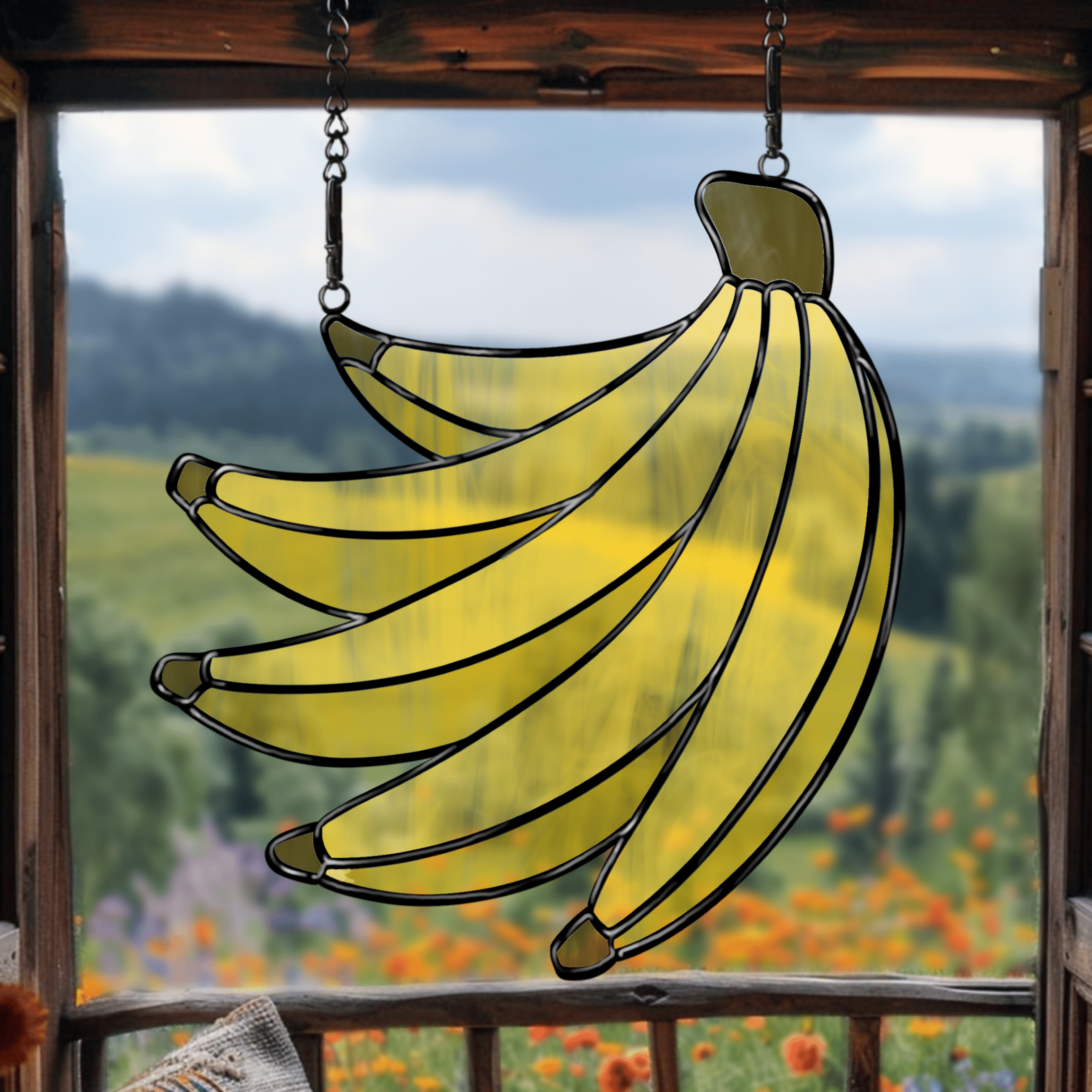 A printable stained glass pattern featuring a bunch of bananas, designed for easy customisation with various glass colours and textures.