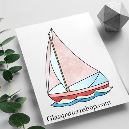 Yacht stained glass pattern, nautical sailing design for digital download, resizable for stained glass suncatchers or window panels.