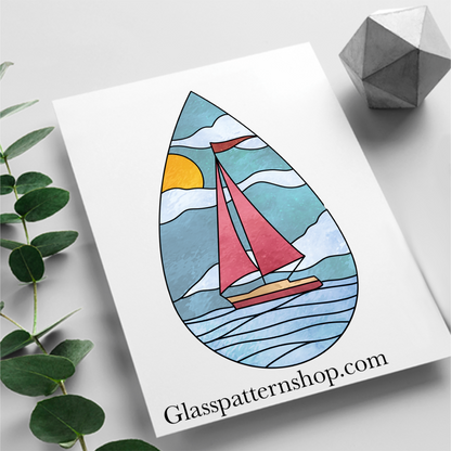 Ship in a teardrop stained glass suncatcher pattern, nautical design for digital download, resizable for all stained glass projects.