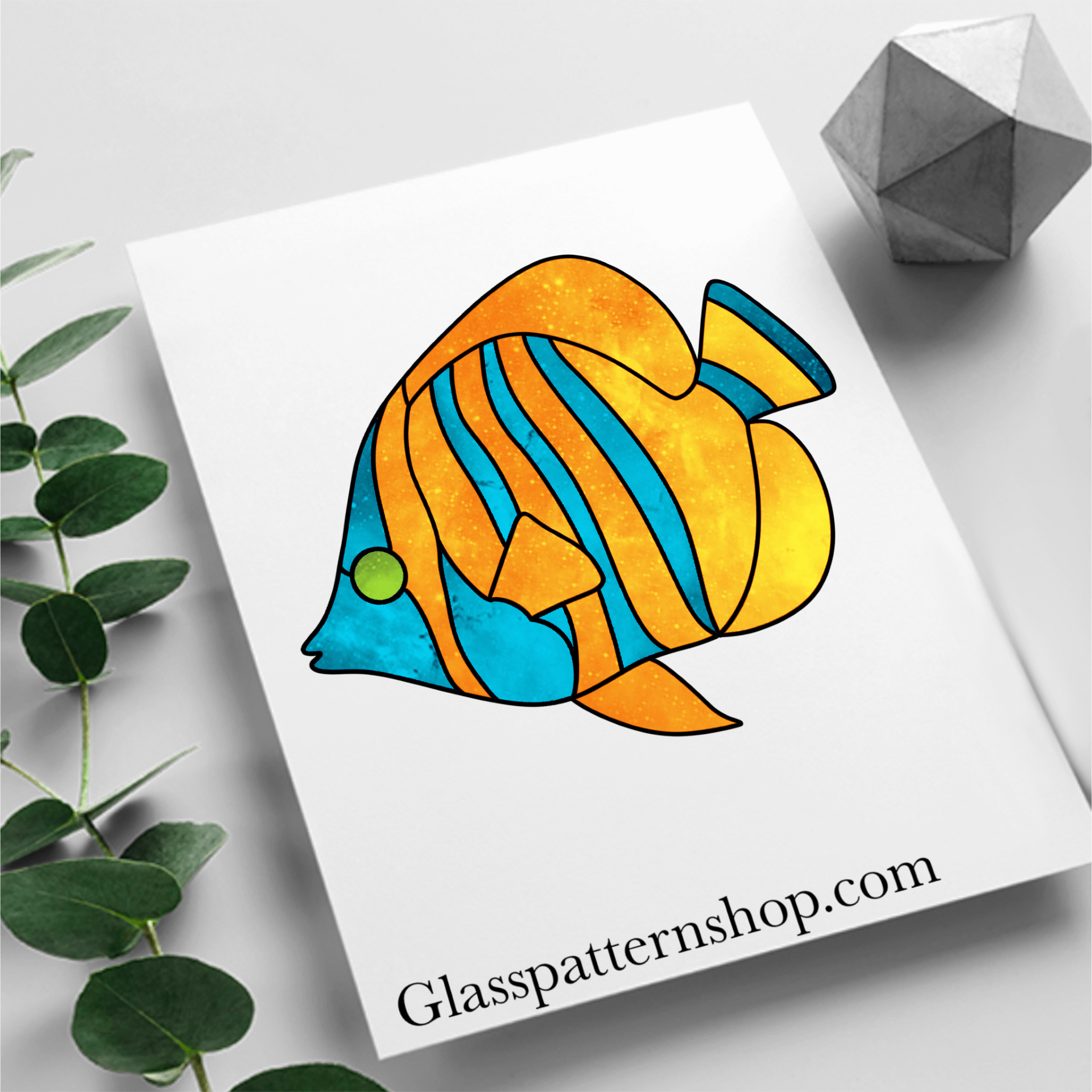 Tropical fish stained glass pattern, vibrant ocean-themed glass design.