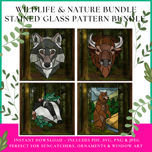 stained glass patterns - wolf, buffalo, bear and badger.