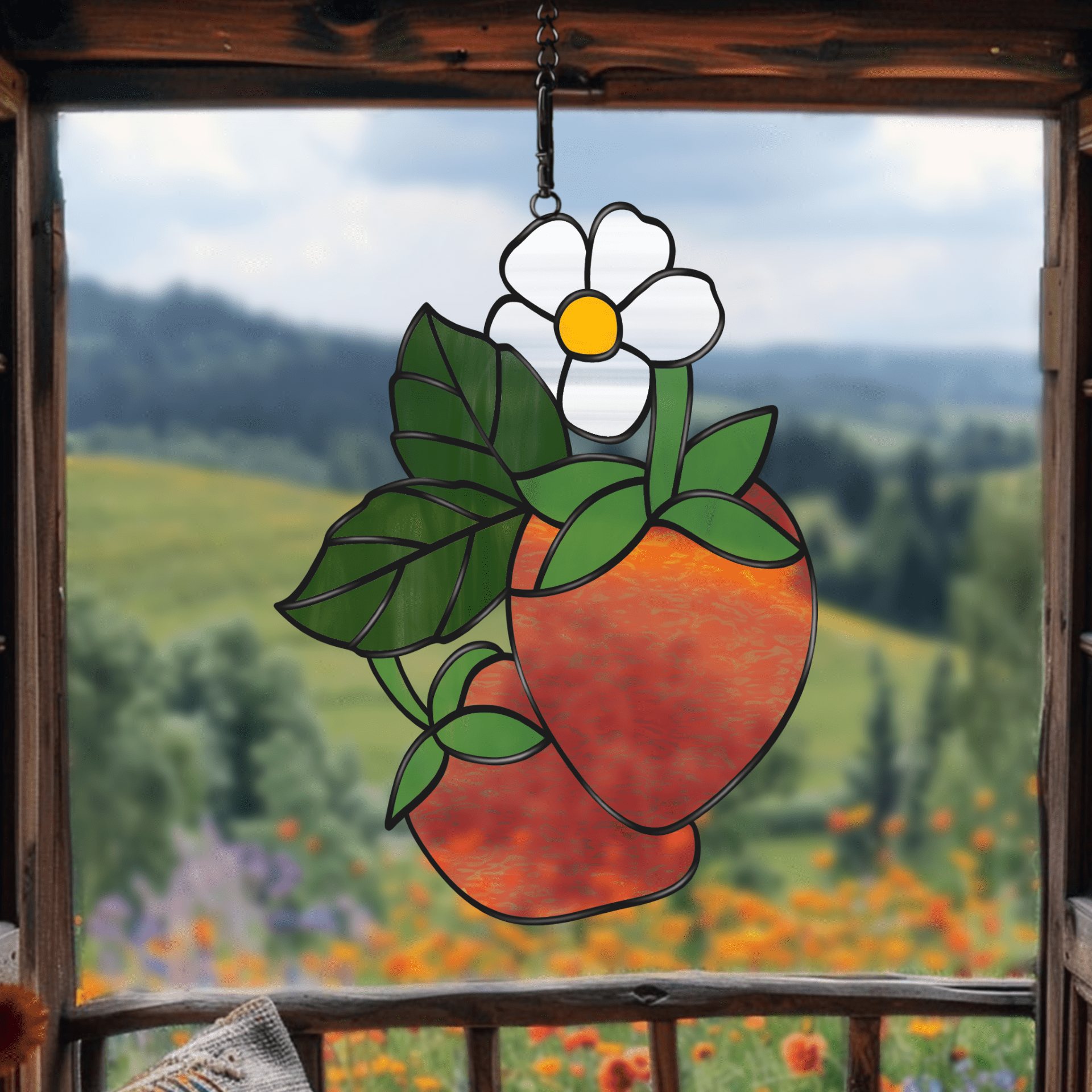 Stained glass design showing a pair of strawberries with leafy stems