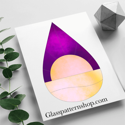 Celestial sunset teardrop shaped suncatcher stained glass pattern, vibrant and elegant design.