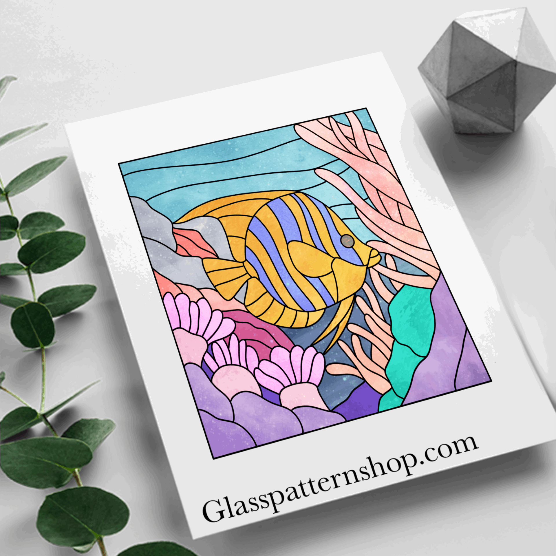 Downloadable Tropical Fish & Coral Stained Glass Pattern, ideal for creating vibrant, ocean-inspired stained glass pieces of any size. Available in PNG, PDF, JPEG, and SVG formats.