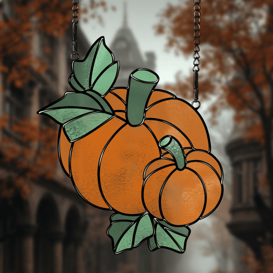 Two pumpkins stained glass pattern, printable digital download, autumn harvest design.