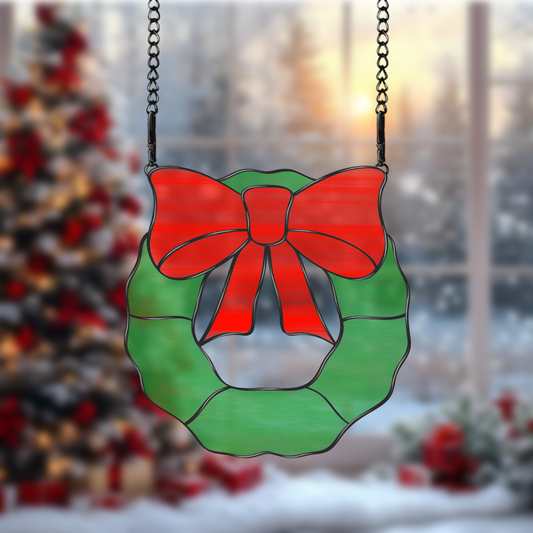 Christmas Wreath with Bow Stained Glass Pattern | Festive Digital Download