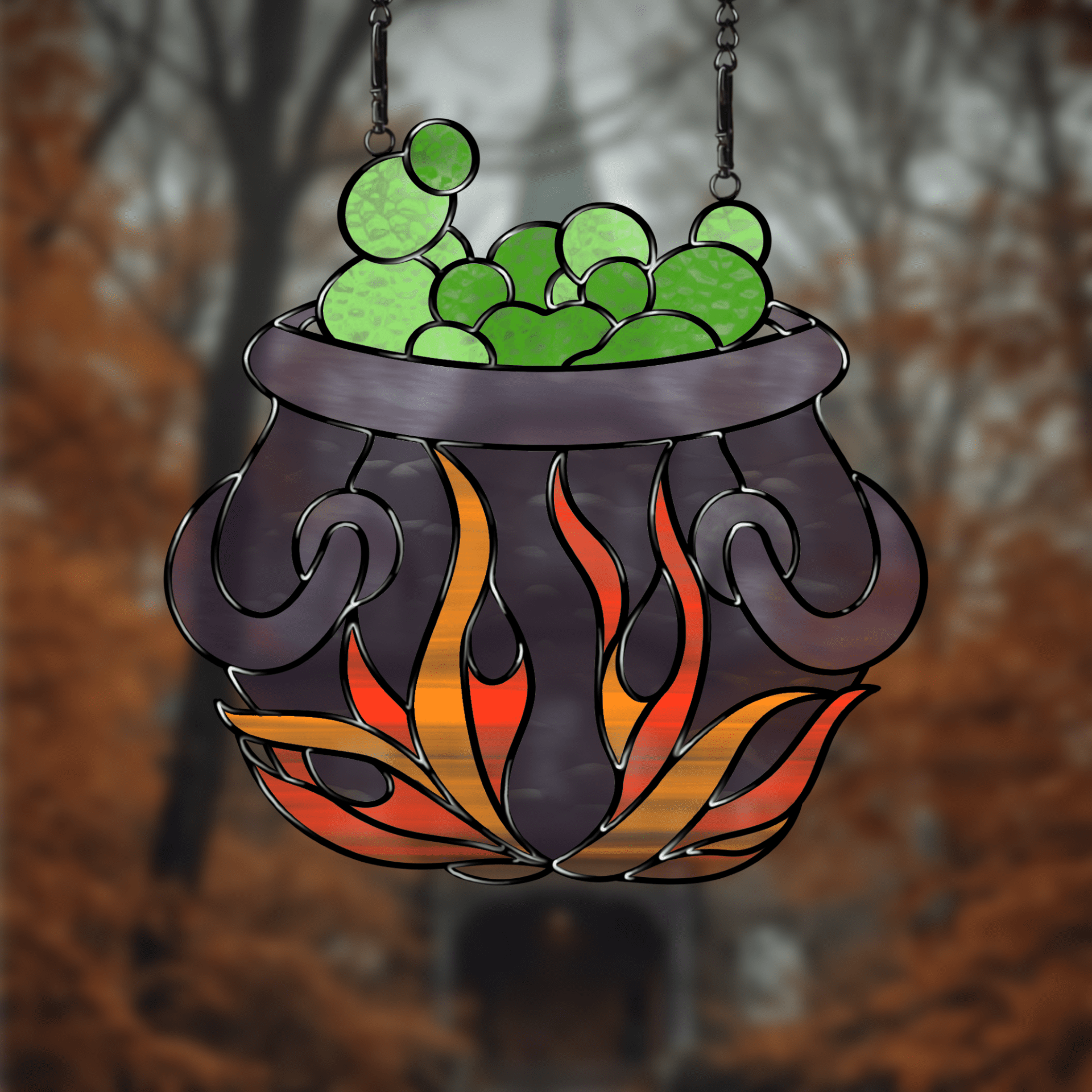 Cauldron stained glass pattern digital download – witchy Halloween glass art template