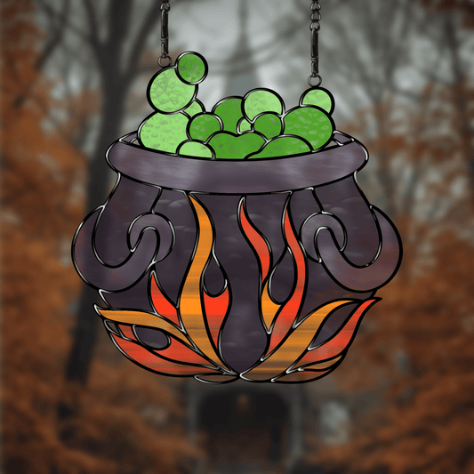 Cauldron stained glass pattern digital download – witchy Halloween glass art template