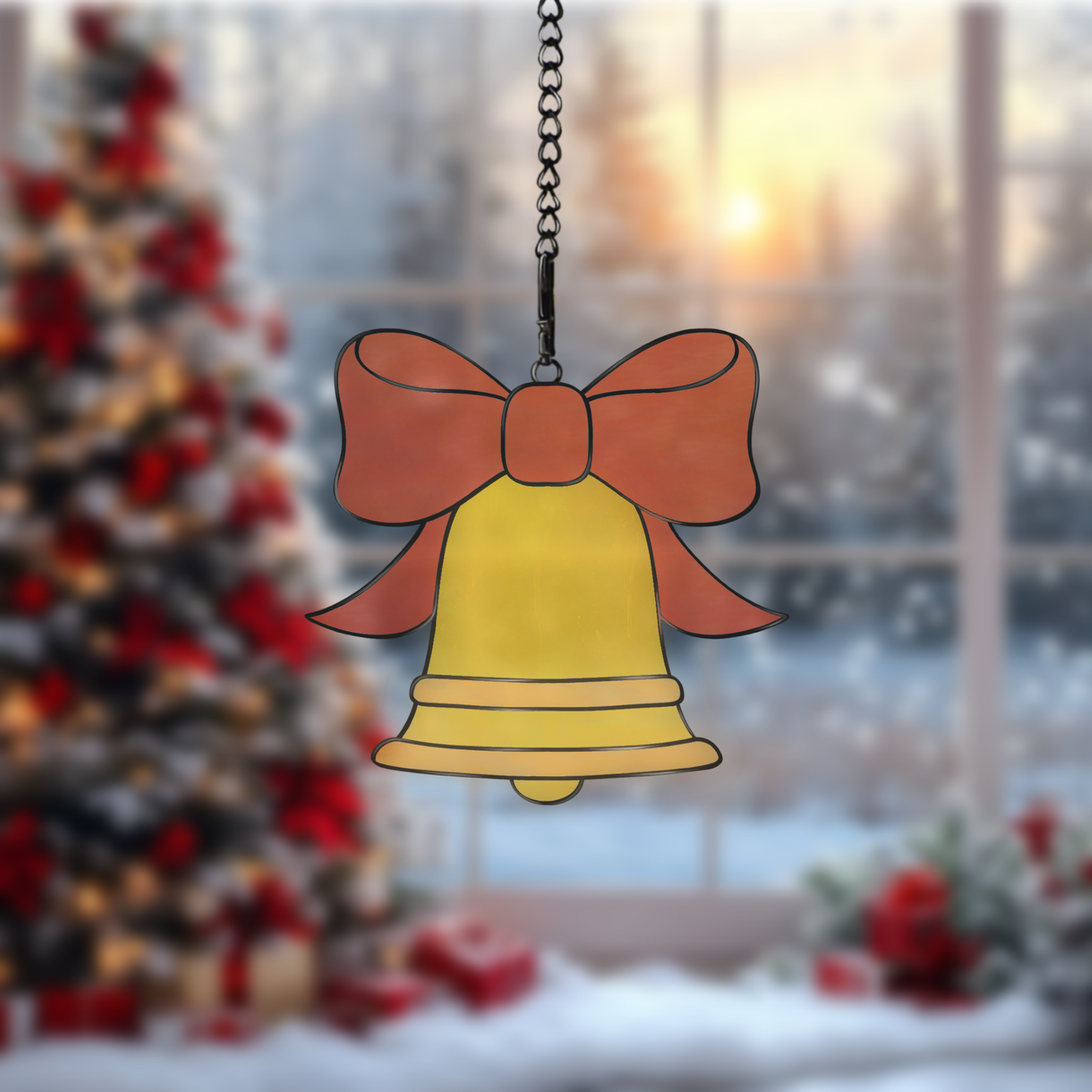 Digital stained glass pattern featuring a bell with a bow, perfect for festive or holiday designs.