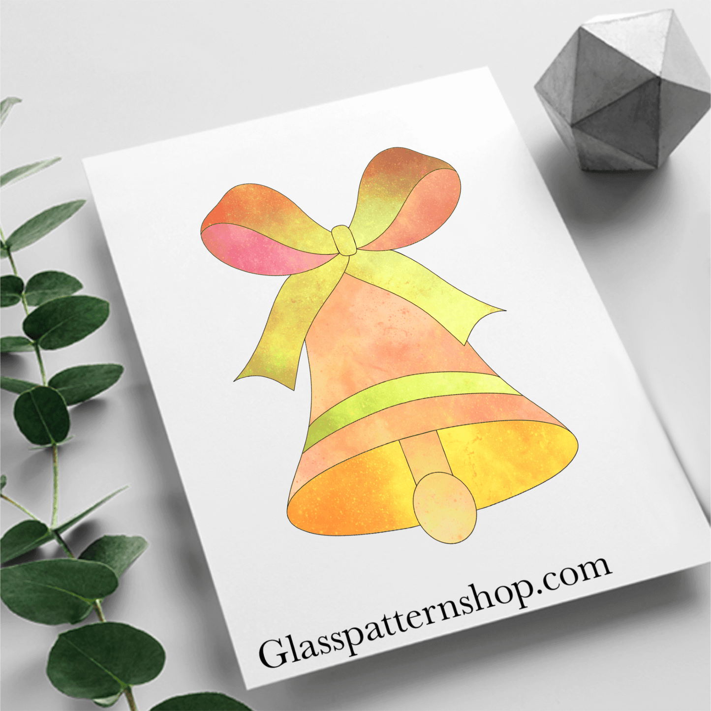 Digital stained glass pattern featuring a bell with a bow, perfect for festive or holiday designs.