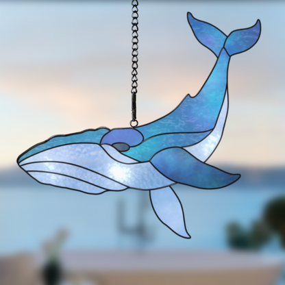 Whale stained glass pattern, ocean-themed glass design