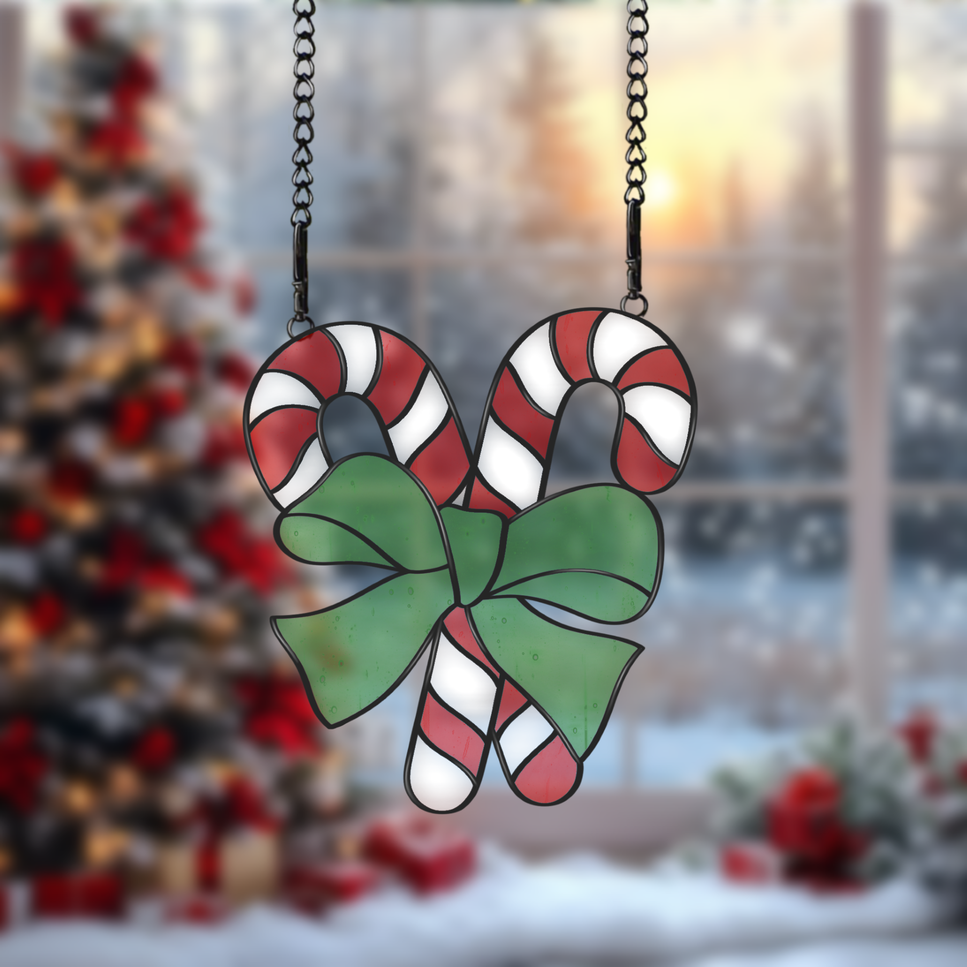 Digital stained glass pattern featuring crossed candy canes tied with a decorative bow, ideal for festive or holiday-themed designs