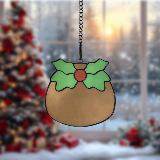 Digital stained glass pattern featuring a traditional Christmas pudding, ideal for holiday-themed designs.