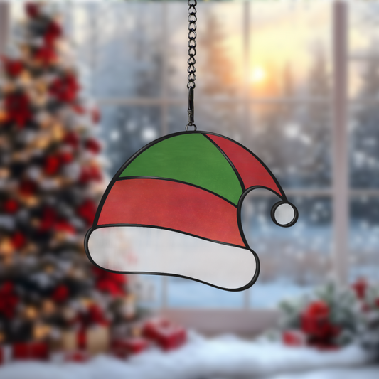 Digital stained glass pattern featuring a festive Christmas elf hat, ideal for holiday or whimsical designs