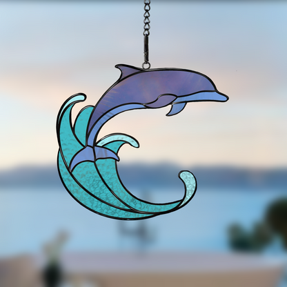 Dolphin on a Wave Stained Glass Pattern - Printable Digital Design