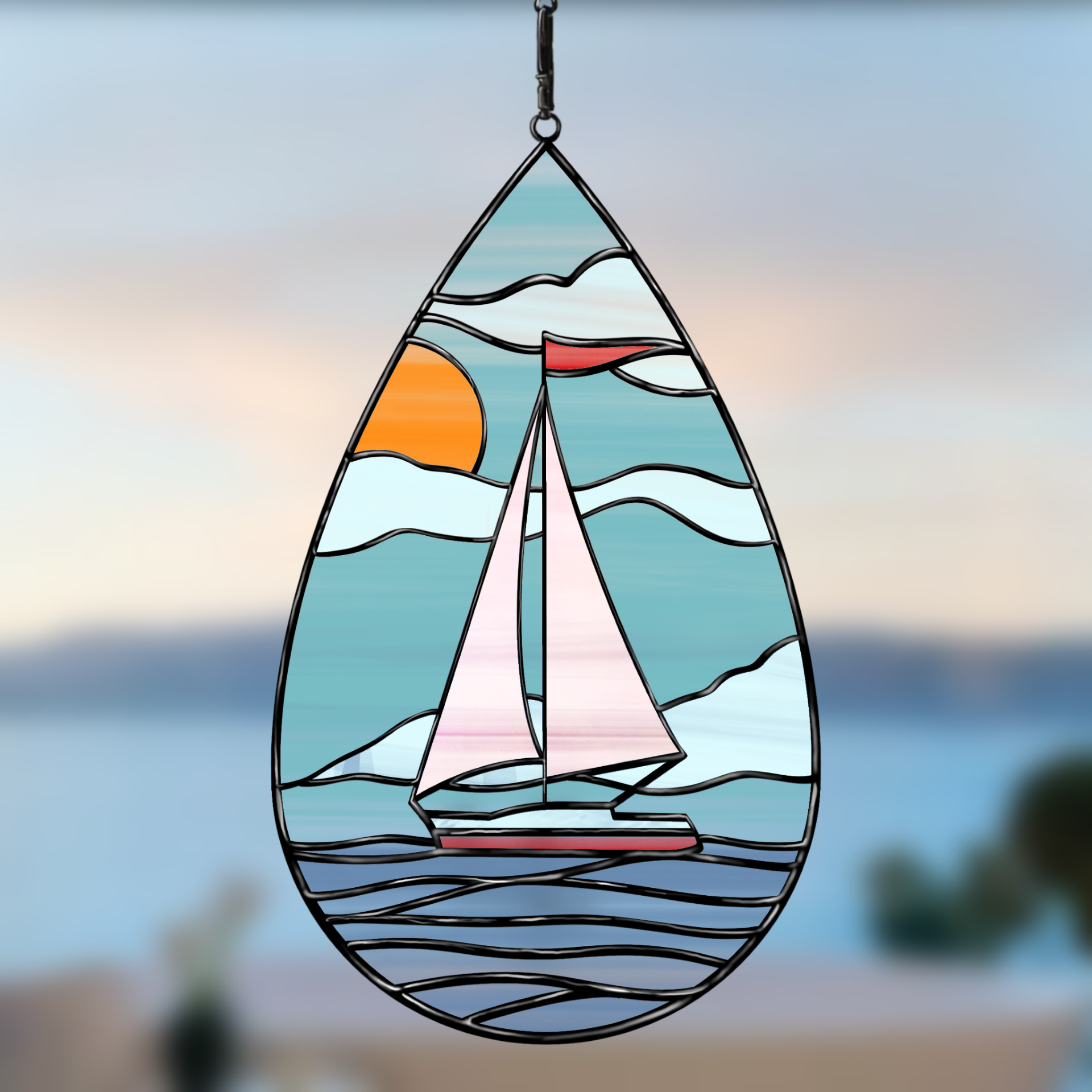 Ship in a teardrop stained glass suncatcher pattern, nautical design for digital download, resizable for all stained glass projects.