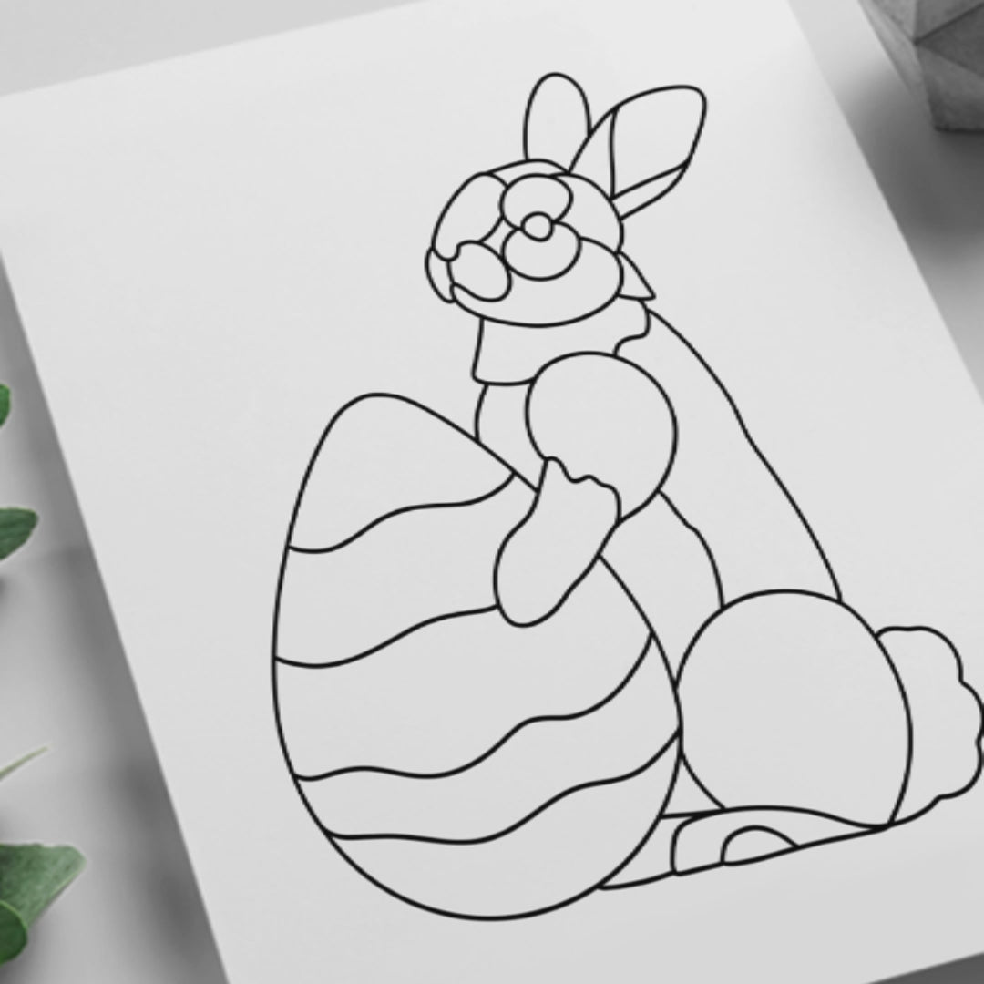 Easter Bunny with Eggs Printable Pattern – A resizable stained glass outline of a bunny with Easter eggs, available as an instant digital download.