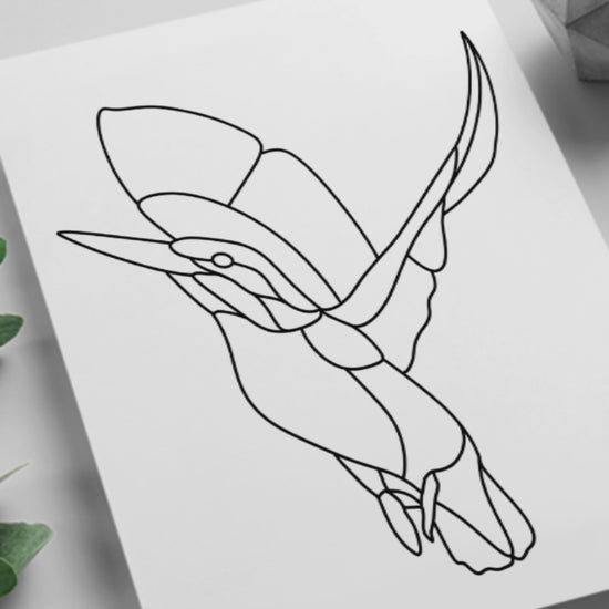 A vibrant stained glass pattern of a Kingfisher in flight, ideal for suncatchers and decorative panels.