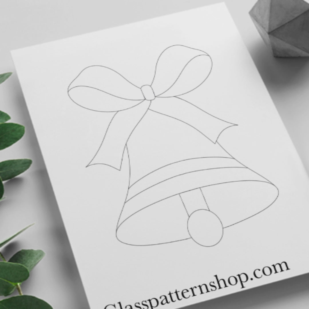 Digital stained glass pattern featuring a bell with a bow, perfect for festive decor