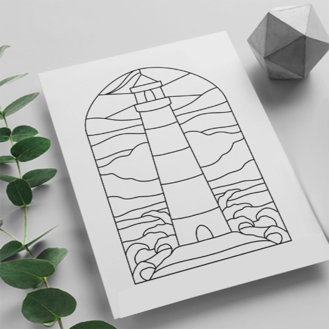 Lighthouse stained glass pattern featuring a classic coastal lighthouse, available as a printable digital download.