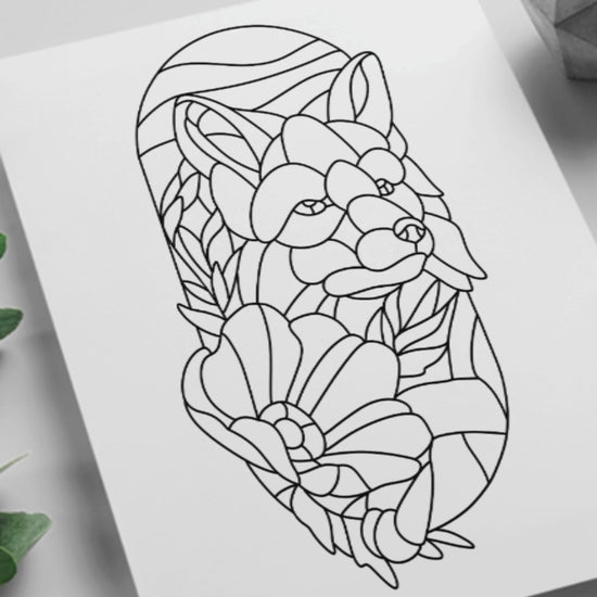 Stained glass pattern featuring a graceful fox with vibrant poppy flowers. Perfect for creating woodland-themed glass art.