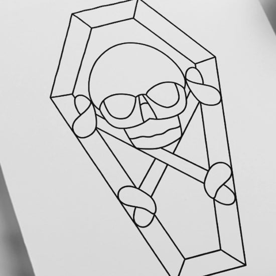 Coffin-shaped stained glass pattern with skull and crossbones – printable Halloween design