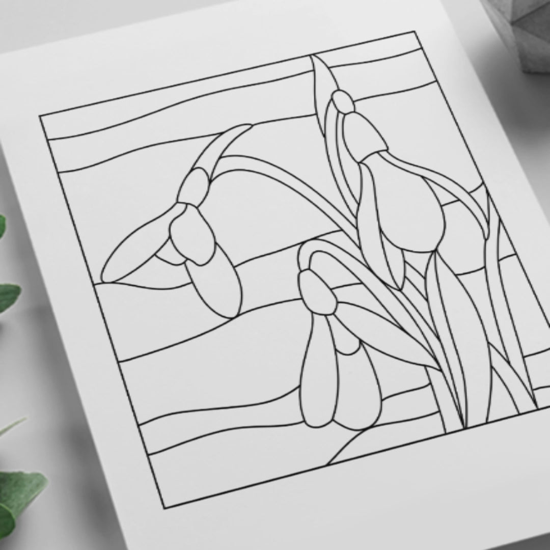 Stained glass snowdrop suncatcher pattern – printable digital design for crafting delicate floral stained glass art.