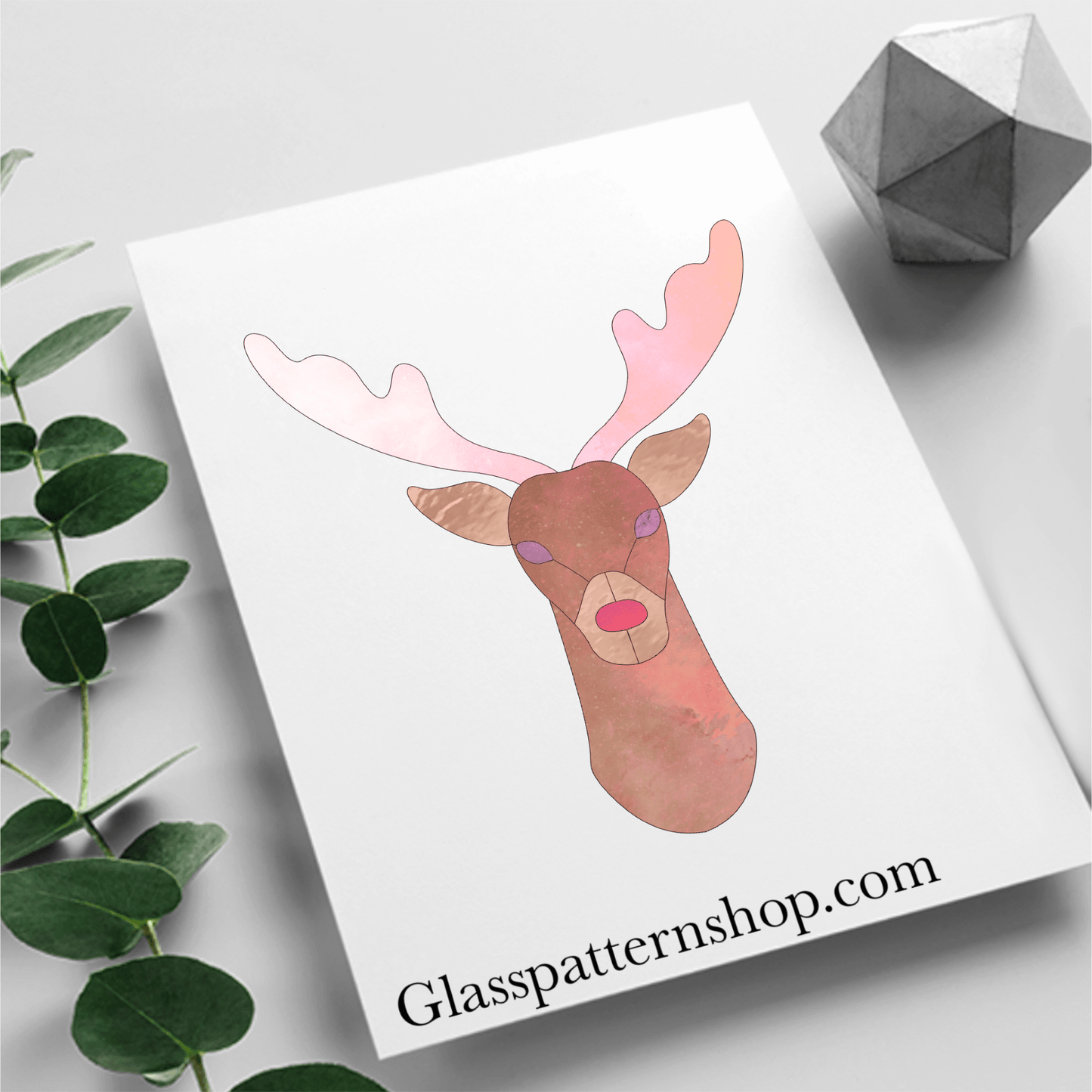 Digital stained glass pattern featuring a festive reindeer head, ideal for Christmas or holiday-themed designs