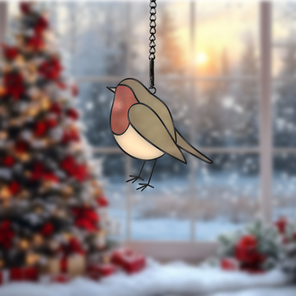 Digital stained glass pattern featuring a robin bird, ideal for winter or holiday-themed decorations.