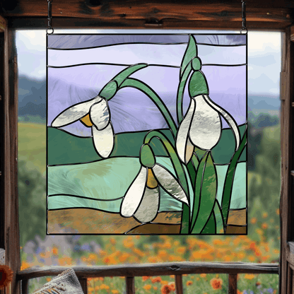 Stained glass snowdrop suncatcher pattern – printable digital design for crafting delicate floral stained glass art.
