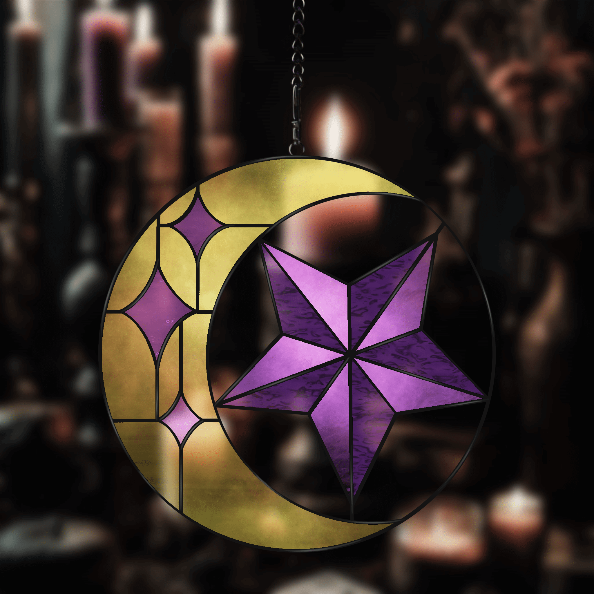 Celestial crescent moon and stars suncatcher stained glass pattern. Available in PNG SVG PDG and Jpeg Format.