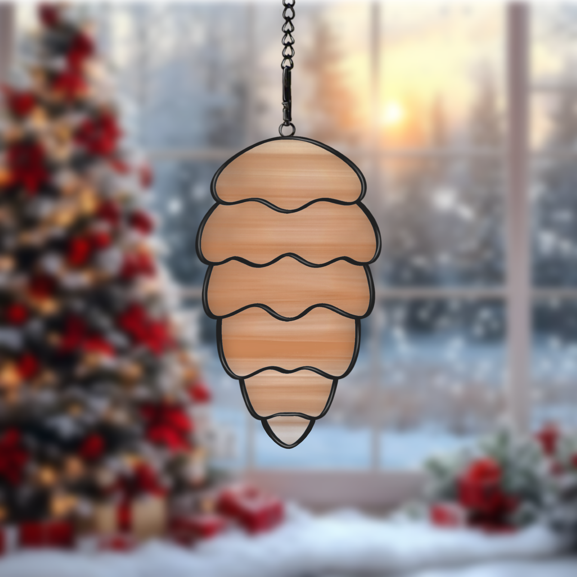 Digital stained glass pattern featuring a detailed pine cone design, perfect for nature or holiday-themed decorations.